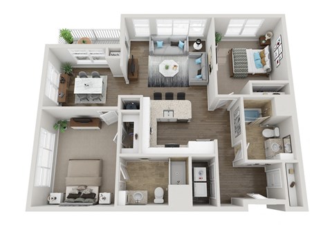 Floor plan for 2 beds, 2 baths, 1225 sqft